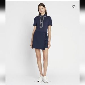 Tory Burch Tech Twill Golf Skort Navy Blue Zip Front Ruffle Snap Placket Small